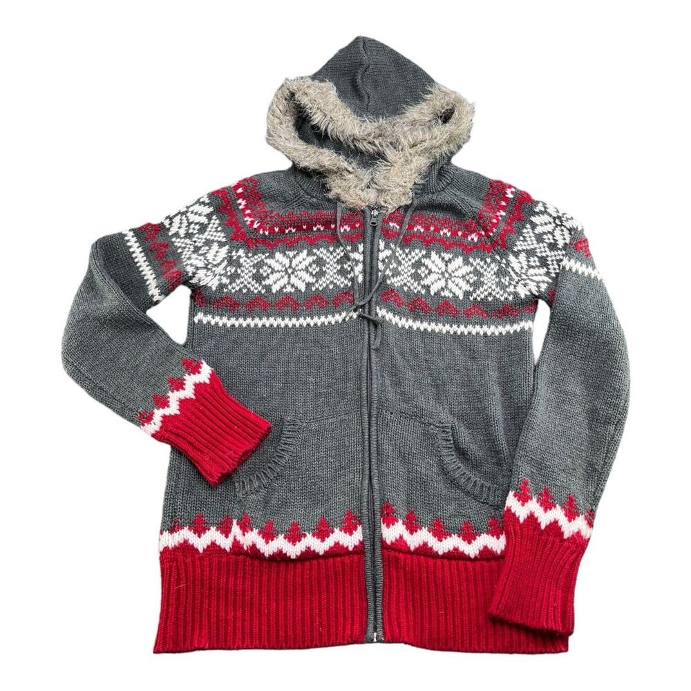 Motherhood Maternity Gray and Red Hooded Fair Isle Knit Sweater - Picture 2 of 12